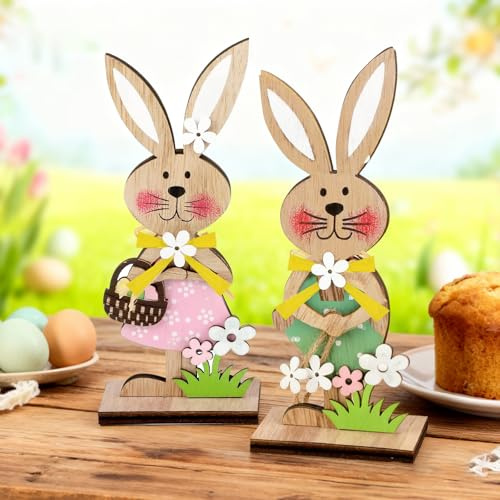 ZoneYan 2 Pezzi Coniglietti Pasquali Decorativi in Legno, Decorazione Pasquale in Legno da Appoggiare, Coniglio Pasquale Legnos, Espositori Decorativi per Pasqua per Interni, Esterni e in Giardino