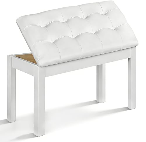 SUNDOY Piano Bench Keyboard Stool, Solid Wooden Digital Piano Seat with Padded Cushion and Large Storage Compartment (White)