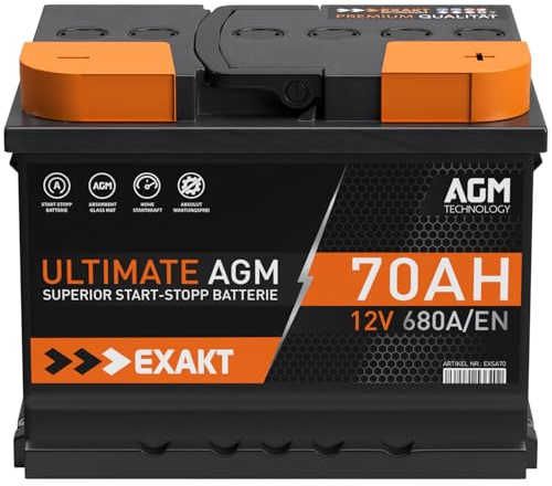 Exakt AGM Batterie 70Ah 12V Start-Stop Autobatterie VRLA ersetzt 60Ah 65Ah