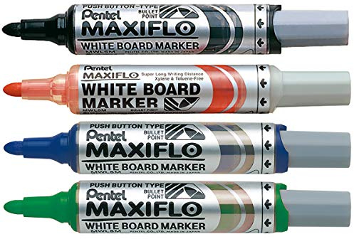 Pentel 6.0mm Bullet Tip Wallet 4 Maxiflo White Board Marker Liquid Ink Marker - Black/Red/Blue/Green, YMWL5M-6