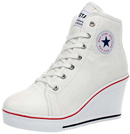 wealsex Mujer Cuñas Zapatos De Lona High-Top Zapatos Casuales Encaje Talla Grande (Blanco,40)