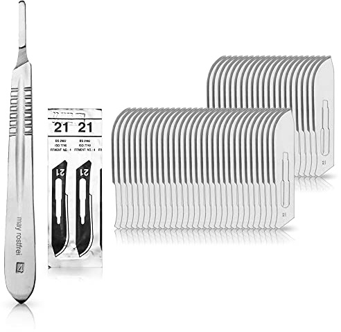 Set avec 50 x lames de scalpel N° 21 - Lame stérile en acier au carbone et 1 x May - manche de scalpel Figure N° 4 en acier inoxydable