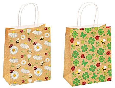 TSI Sac cadeau en papier kraft FLEURS & ABEILLES, lot de 12, taille : moyenne (23 x 18 x 10 cm), N° d'art. 88013