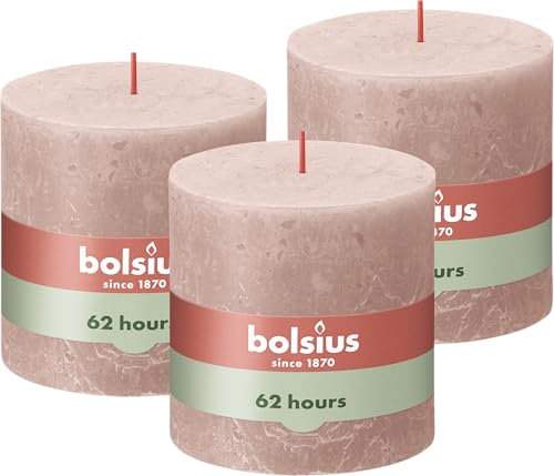 Bolsius - Vela XXL – Rosa – 3 unidades – 10 x 10 cm – Velas decorativas para el hogar – Duración de combustión 62 horas – sin perfumar – Cera vegetal natural – Sin aceite de palma