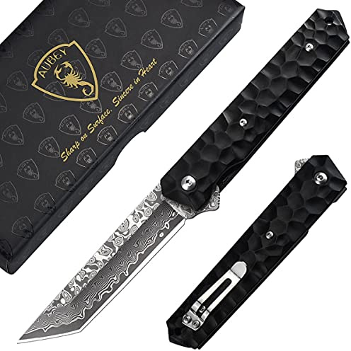 AUBEY Navaja plegable de Damasco con clip para cinturón, cuchillo afilado con hoja de acero de damasco, pinza, bloqueo de líneas, rompevitas, cuchillo de una mano para caza, regalo, coleccionar, color