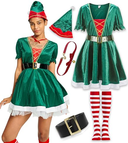 IKALI Costume da Elfo di Babbo Natale Donne Natale Vestito Elegante Abito Verde Adulto Regalo di Festa Collana con Cappello Cintura Calzino Taglia L