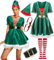 IKALI Damen Weihnachtskostüm Santa Elfen Kleid Rollenspiel Party Geschenk Erwachsene Kostüm Outfit mit Hut Gürtel Socke Halskette L