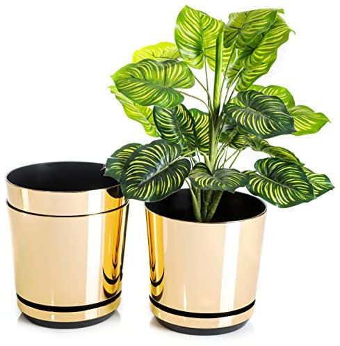 KORAD Ensemble de 3 Pots avec Soucoupe d'un diamètre de 21 cm, Motif 011 - Or Brillant ; Glamour ; Moderne, Haute Brillance, Style Classique, Rustique, loft, pour Plantes, Herbes.