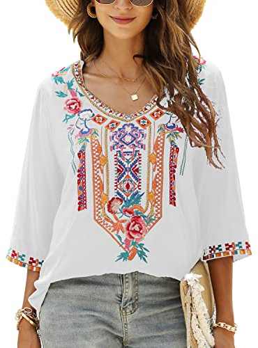 Seasonal Bohemian Embroidery Mexican Tops Women's Summer Boho Shirts Hippie Peasant 3/4 Sleeve V Neck Blouses Tunic (328-White, M)