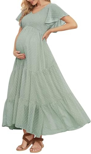 Swiss Dot-mammaklänning, smok, för babyshower, fotografering, avslappnad, med v-hals, volangärmar, Empire-midja och uppdelad boho-stil, Ljusgrön, XL