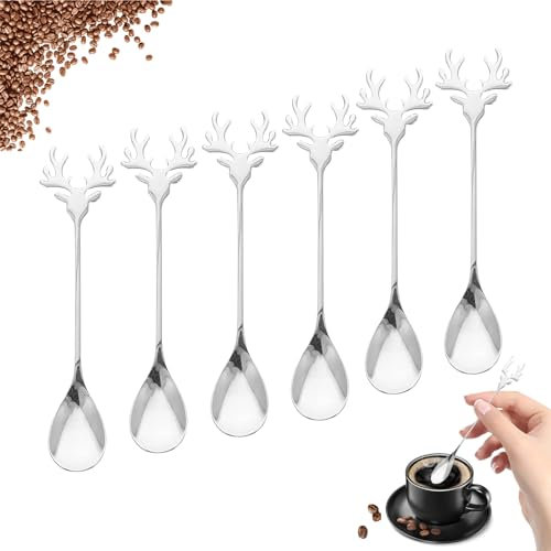 6 Stück Löffel Silber Weihnachten Elch, Edelstahl Löffel, Besteckset Weihnachten, Weihnachtslöffel lang, Weihnachts Kaffeelöffel, Dessertlöffel, Teelöffel,Weihnachtsbesteck Set.