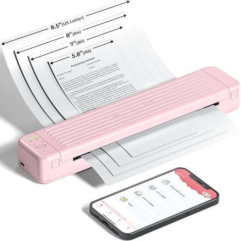 ASprink Stampante Portatile A4 per Viaggio, P831 Bluetooth Piccola per US Letter/A4/B5/A5, Stampante senza Inchiostro per Carta Termica con 1 Nastri P831 – Rosa