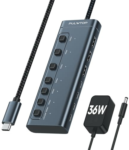 PULWTOP USB C Hub Active con 36W, Hub USB C Alimentado de 7 Puertos con Puertos de Datos USB A/C y Carga PD20W de 1 Puerto, Divisor Multi USB