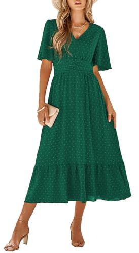 IFFEI Women Summer Maxi Dresses V Neck Chiffon Ruffle Sleeve Swiss Dots A-Line Dress Stretchy High Waist Flowy Wedding Guest Dress Ladies Dresses
