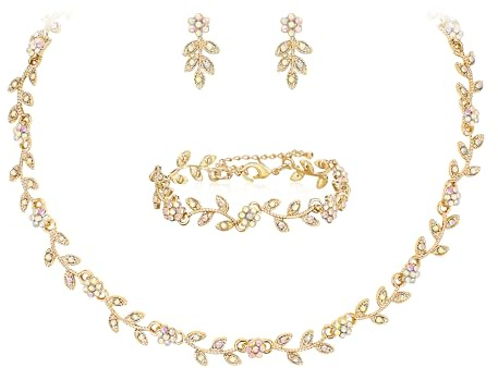 Clearine Juego de joyas de boda para mujer novia, magnífico impresionante cristal flor hoja clóster gargantilla collar enlace pulsera pendientes set para novia dama de honor, Groß, Cristal