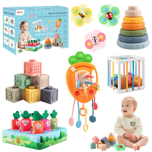 6-i-1 Montessori leksak baby, leksak baby från 6 till 12 månader, sensorisk babyleksak, motorikleksak, stapelleksak, aktivitetsleksak i silikon, sugpropp