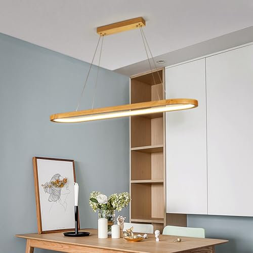 Modern LED Pendant Lamp, Dimmable Wooden Pendant with Remote, Oval Dining Table Lamp, Living Room & Kitchen Island Light (90 cm)