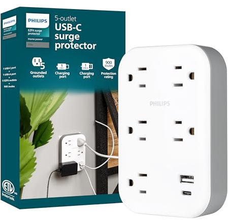 Philips EZFit 5-Outlet Extender Wall Tap with Surge Protection, Grounded Adapter, Charging Station, 3 Prong, 1 USB-A, 1 USB-C, 900J, White, SPP3513W/37