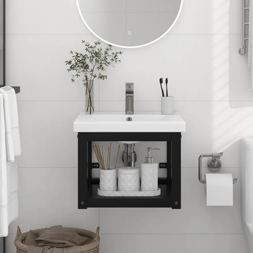 Iiaky Struttura per Lavabo a Parete Nera 40x38x31 cm in Ferro-Mobile Bagno sospeso arredo Moderno mobili in Legno