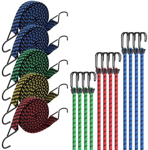 Bungee Cords Straps Set, 5pcs Elastic Wide Bungee Straps 2m +12pcs Various Lengths Bungee Cords Rope Tie with Hooks, Car Bike Luggage Straps Rope (4pcs for each - 0.3m,0.6m,0.9m)