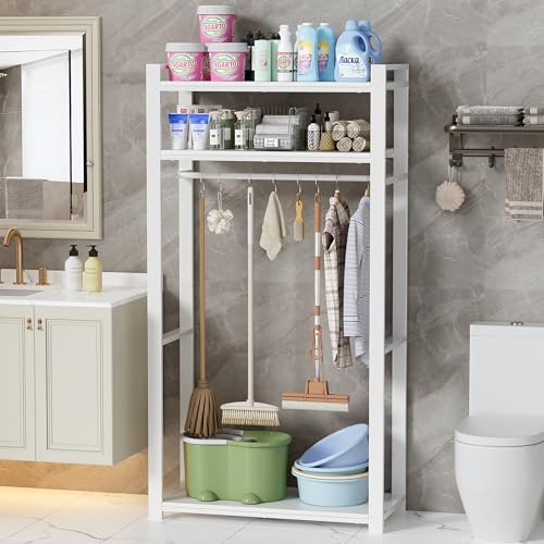Armario hogar escobero Multiusos Almacenamiento multifunción de Metal Armario hogar escobero Multiusos en Color Blanco con 6 Ganchos 40x80x170CM Escoba para Cocina, Sala, lavandería y Restaurante