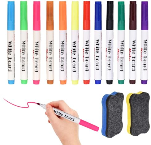 12 Colori Pennarelli per Lavagna Bianca, Pennarelli Cancellabili con 2 Gomme Magnetiche, Penne per Lavagna Bianca Cancellabili Scrittura Fluida, Ideali per Riunioni, Lezioni e Scarabocchi Creativi