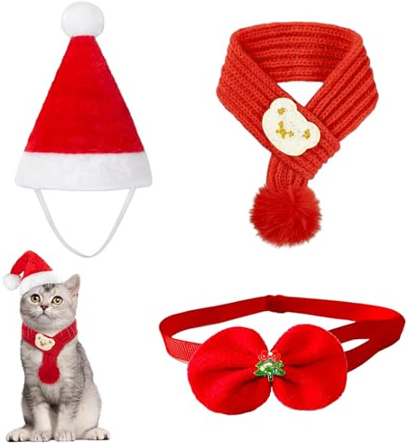 3 Pièces Ensemble de Noël pour Chien et Chat, avec Bonnet, Écharpe Tricotée et Nœud Papillon, Costume Festif pour Animaux, Accessoire de Noël Confortable et Mignon pour Petits et Grands Animaux