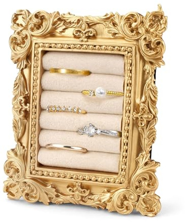 Yitexin Resin Vintage Ring Holder Frame with Suede Interior, Rectangle Gold Ring Display Tray Stand, Jewelry Organizer Photograph Prop for Women Birthday Wedding Gifts (Beige)