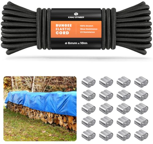 Gummirep 6mm x 10m Gummisnöre Gummilina med 20 Repklämmor | 100% Stretch, Med 20 Repklämmor, Durable, Camping, Presenning, Släpvagn, Gör-det-själv, Skosnören