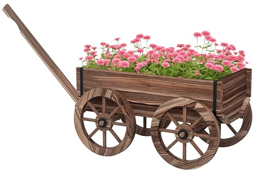Outsunny Chariot à Fleurs en Bois Roues 120 x 41 x 54 cm Marron Carbonisée