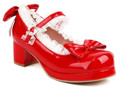 HFWXYSA Donna Tacco Largo Papillon Increspature Lolita Décolleté Cinturino alla Caviglia Scarpe Sweet Princess Scarpe Kawaii Platform Mary Jane,Rosso,38 EU