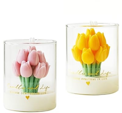 Bougies parfumées en bouquet de tulipes roses - Décoration de la maison - Ornements - Bougies en verre enveloppé faites à la main - Aromathérapie florale - Cadeaux romantiques pour la Saint-Valentin