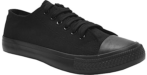 MyShoeStore® LADIES CANVAS SHOES WOMENS GIRLS SHOES CASUAL LACE UP RETRO PLIMSOLLS PLIMSOLES LOW TOP FLAT GYM SPORTS TRAINERS LIGHTWEIGHT SNEAKERS FASHION PUMPS, Black UK 5