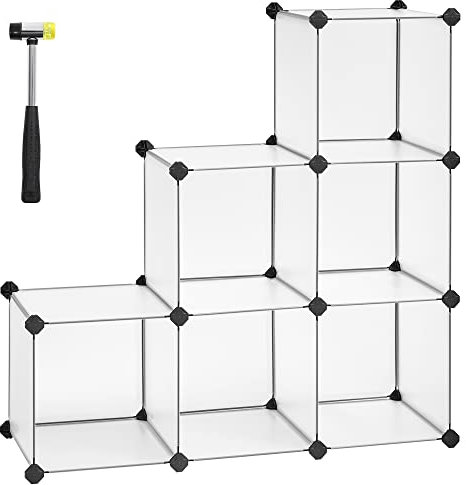 SONGMICS 6 Cube Storage Unit, Modular Plastic Cube Storage Organiser, Shoe Rack, Each Cube 30 x 30 x 30 cm, Living Room, Bedroom, Study, with Rubber Mallet, White LPC111S