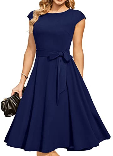 DRESSTELLS Cocktailkleid Damen Blau Elegant 1950er Knielang Rockabilly Hochzeitkleid Abendkleid Kurz Vintage Swing Festlich Midilang Sommer Kleid Navy L