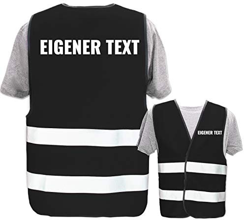Hochwertige Warnweste mit Leuchtstreifen * Bedruckt mit: Eigener Text * Farbe + Größe: Schwarz (XL/XXL) * Thema Sicherheit und Team * Farbiger oder Reflektierender Druck