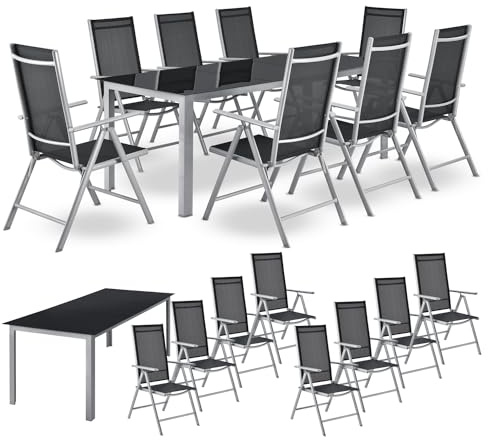 Juskys Aluminium Gartengarnitur Milano 8+1-8 Hochlehner Stühle verstellbar & klappbar mit Tisch - Gartenmöbel Set 9-teilig wetterfest - Silber