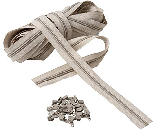 IPEA Reißverschluss Größe 5 - 10 Meter Nylon + 25 Metallschieber - Beige, Breite 30 mm - Universell für Möbel, Kleidung & Accessoires