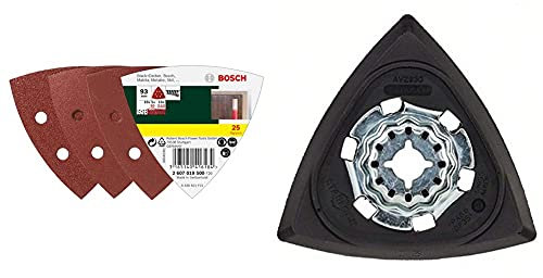 Bosch Professional 2607019500 Paquete de 25 lijas para lijadoras Delta (93 mm, grano 60, 120, 240) + Placa de lijado AVZ93G 2609256956 para todas las herramientas múltiples de PMF