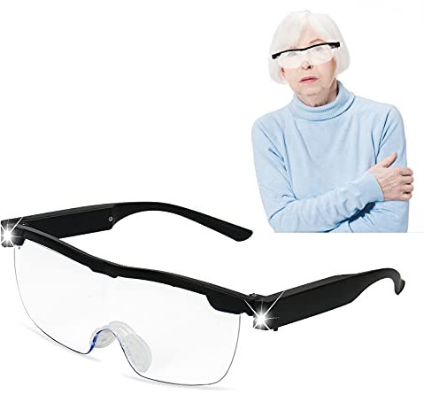 Lupenbrille mit Licht, 250% Vergrößerungsbrille mit 2 LED Lichts, Wiederaufladbare Hände Frei Blaulichtfilter Leselupe für Brillenträger, Lesen,Nähen,Reparatur,Senioren