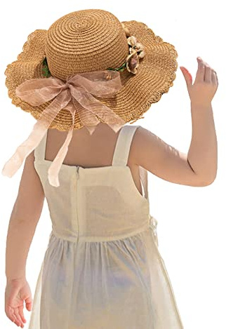 Kids Girl Summer Straw Hat Foldable Wide Brim Cap Sun Visor Hats Sun Protection Beach Straw Hats Bowknot Floppy Cap for Travel Holiday (Floral)