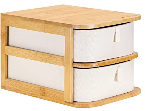 Navaris Mini cajones para Maquillaje - Organizador de bambú con 2X cajón de Tela - Mueble para baño Escritorio tocador Joyas - 17,5 x 23 x 15 cm
