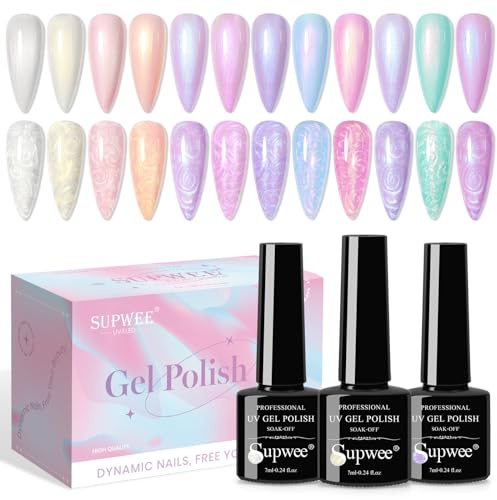 SUPWEE Pearl Effect Gel Nagellack Set, 12 Farben Glitzernd Pearl Schimmernd Meerjungfrau-Gel-Nagellack Perlmutt-Muschel-Spiral-Effekt Gels zum Einweichen UV-Nagel-Maniküre-Gels