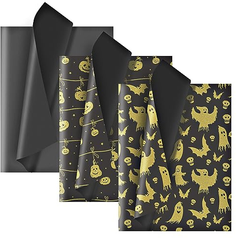 Larcenciel Set med 60 ark Halloween-silkespapper, glitterpapper, svart guld med pumpa, fladdermus, förpackningsmaterial för presentpåsar, 50 × 35 cm