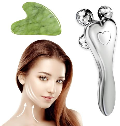 MisFun Rodillo Facial, Masajeador Facial, Gua Sha Facial, Rodillo Facial 3d, Masajeador Facial y De Cuello, para Calma y Relaja la Piel, Elimina la Hinchazón de Los Ojos (Plata)