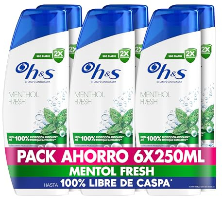 H&S Menthol Fresh Champú Anticaspa Pack 6 x 250 ml, Protección Total, Aroma Mentol