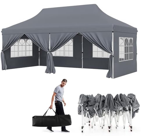 GOPLUS 3x6M Tonnelle Jardin Pliable, Hauteur Réglable, Entrées Zippées, Fenêtres, Sac de Transport, Sac Lesté Pavillon Portable Instantanée Pop-Up pour Fête,Mariage