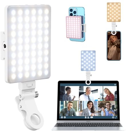 ANCLLO Telefonlampa, selfieljus för att klämma telefonen, 2 000 mAh, med 60 lysdioder och 4 färger för telefon, surfplatta, bärbar dator, zoommöte, smink, video (vit)