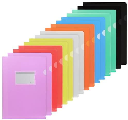 Agoer A4 Plastic Sleeves with Label Pocket, 16 PCS Transparent Plastic Folders, Top and Side Opening A4 Sheet Protectors 8 Assorted Colours for School, Office, Paperwork