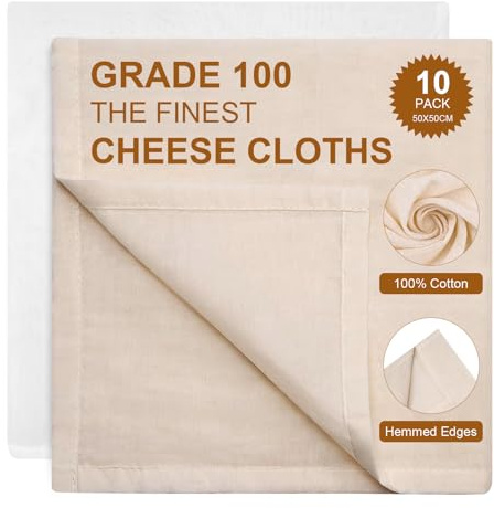 10 PCS Muslin Cloths for Cooking, 50x50cm Cheese Cloths for Straining, Grade 100 Reusable Hemmed Cheesecloth 100% Unbleached Pure Cotton Muslin Cloth for Jam Making, Cheese Making,Straining Butter